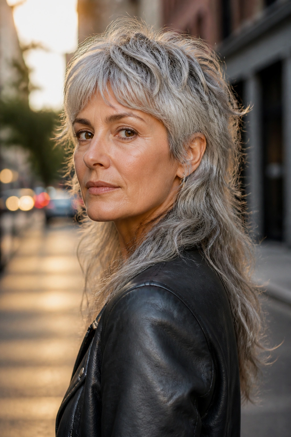 Medium close-up of a woman with a modern mullet grey hair on a city street at golden hour