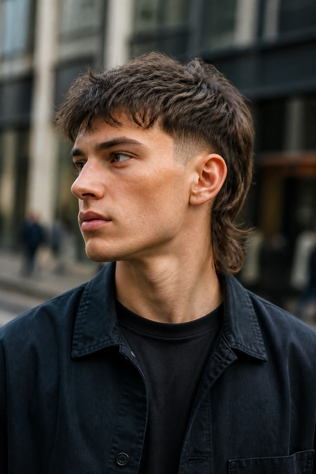Real person wearing a modern mullet hairstyle