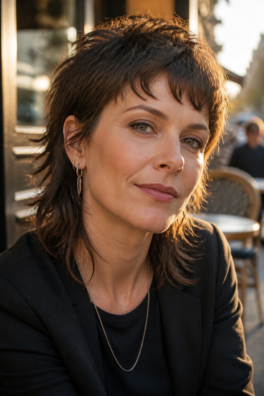 Close-up of a real woman with modern mullet hybrid hairstyle.