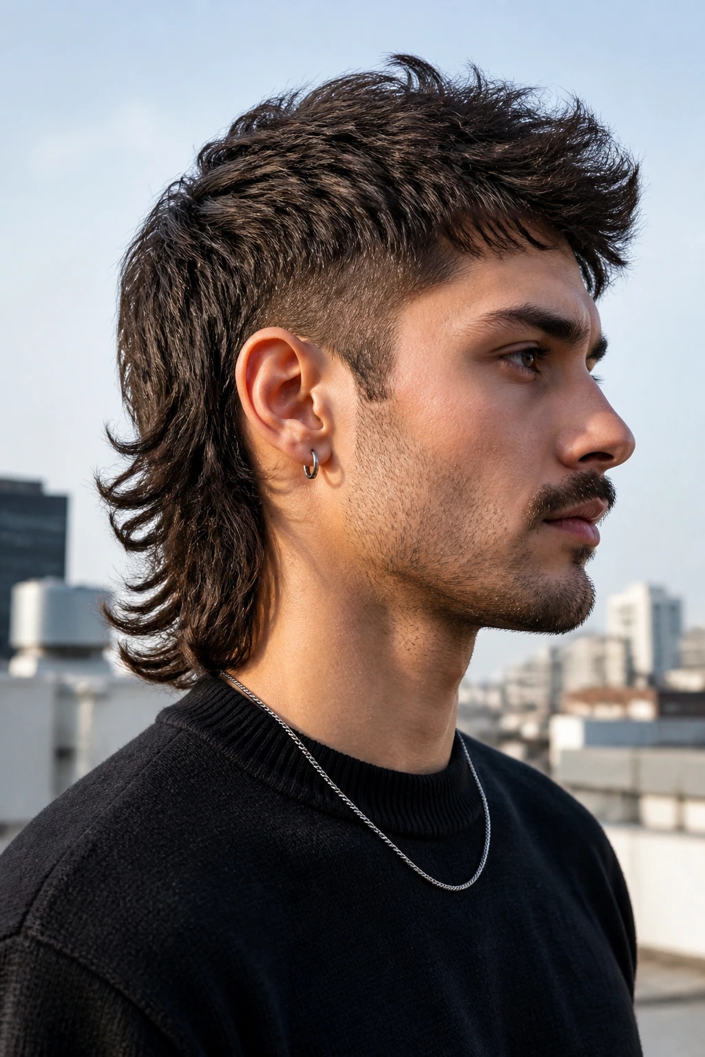 Portrait of a man with a modern mullet on an urban rooftop