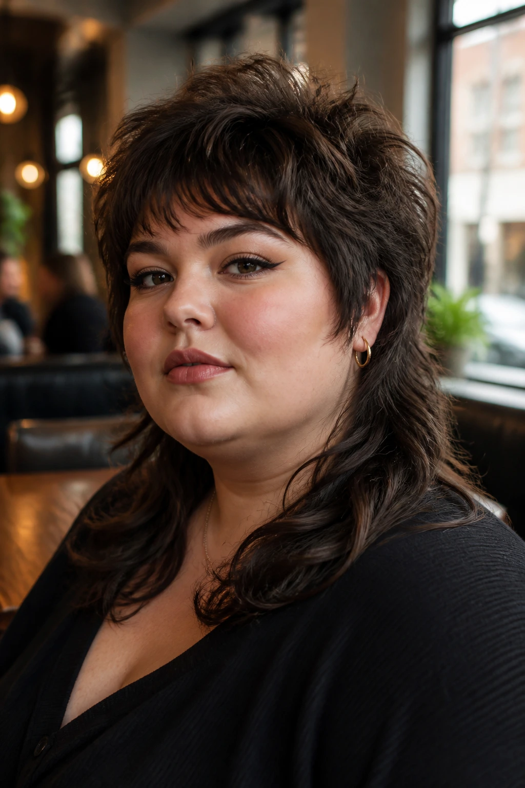 Close-up portrait of a real woman with a modern mullet/shag hybrid hairstyle in a sunlit cafe.