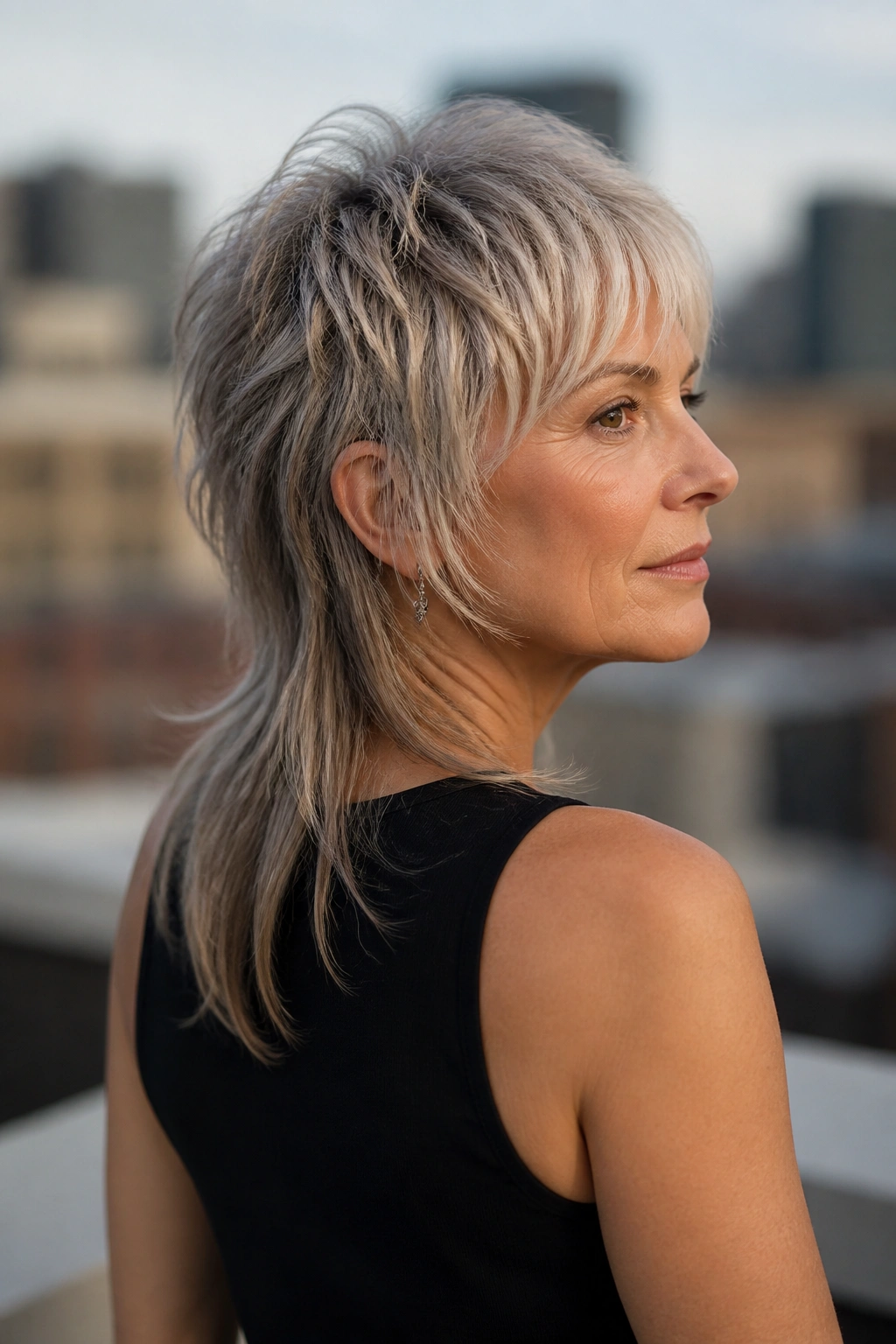 Three-quarter rear portrait of a real woman with modern mullet shag showing soft back length.