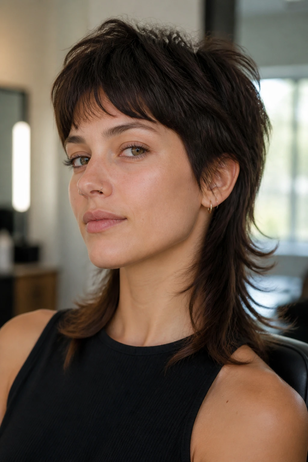 Close-up portrait of a real woman with a modern mullet and soft layers