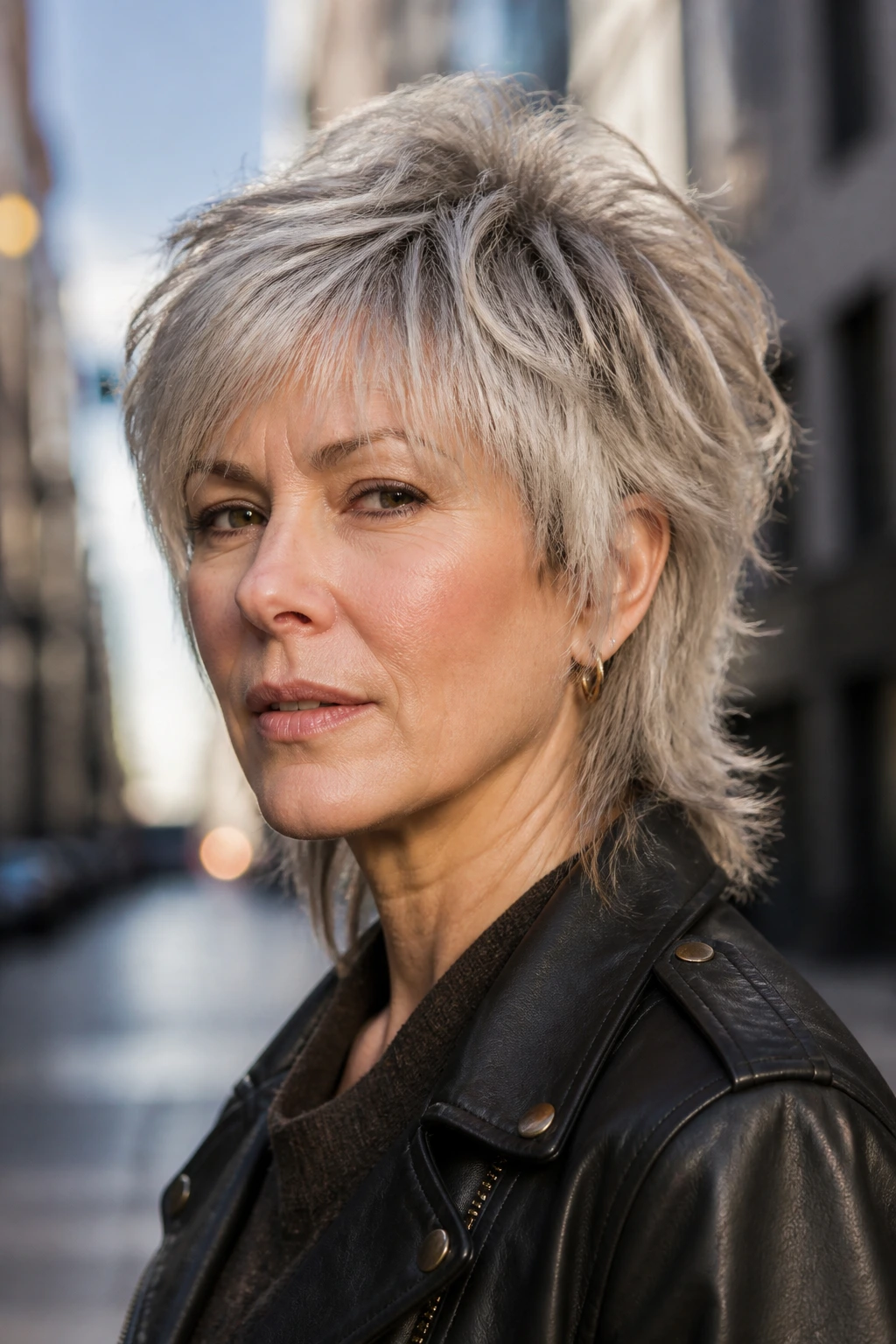 Close-up portrait of a woman with a modern mullet in urban daylight