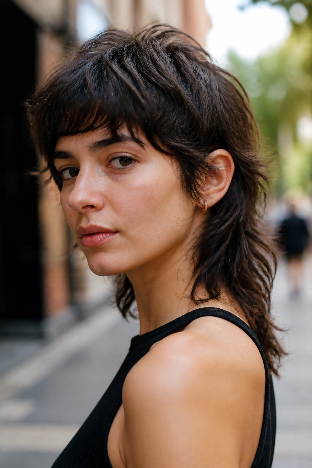 Portrait of a real woman with a modern mullet and a softer back