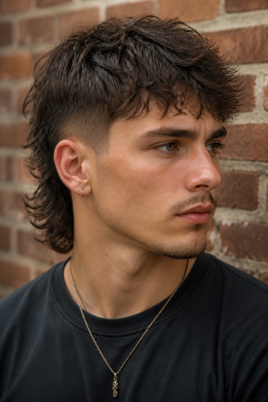 Close-up of a man with a modern mullet hairstyle against a brick wall