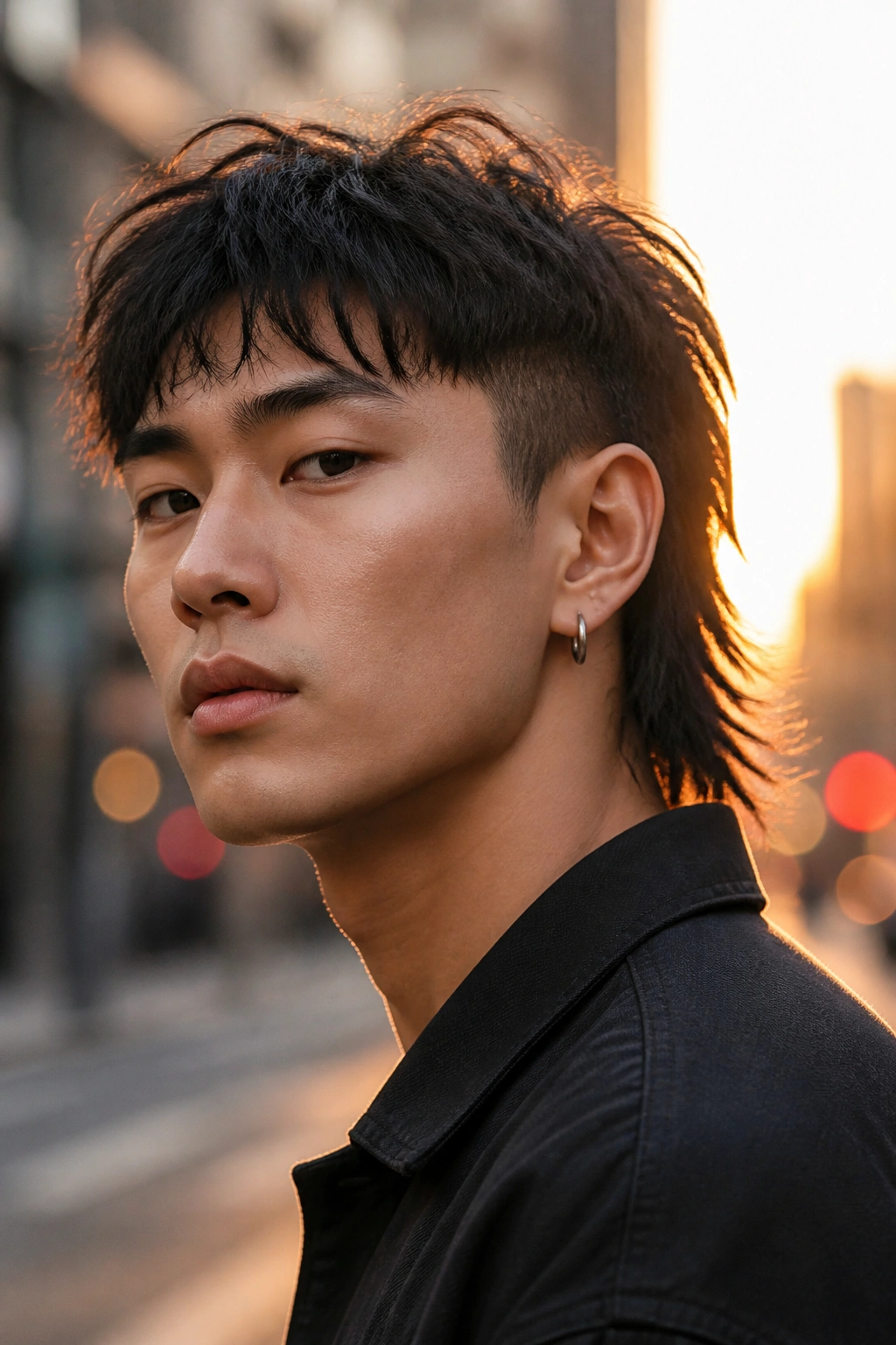 Portrait of a real man with a modern mullet on an urban street at golden hour