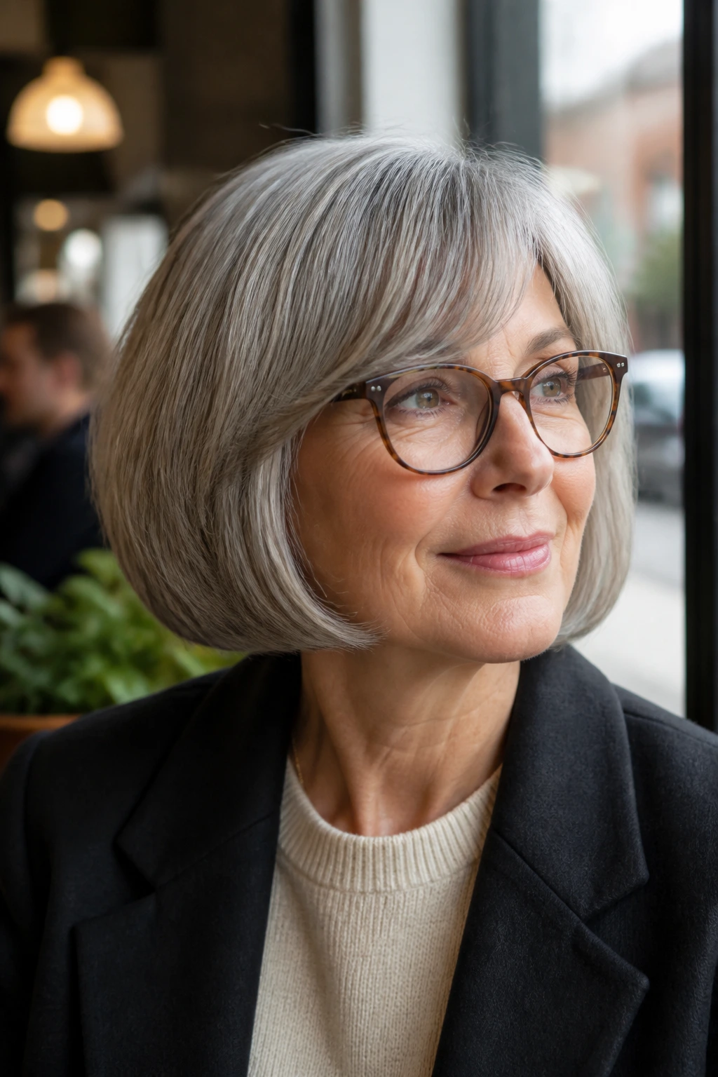 Portrait of a woman with a modern pageboy haircut and rounded ends.