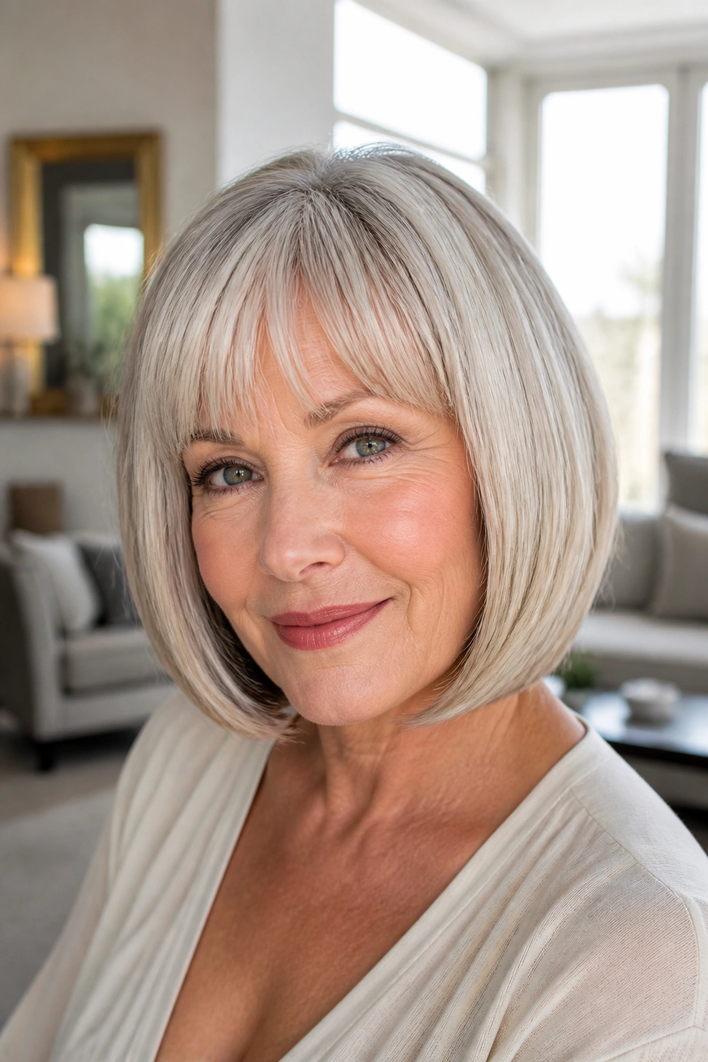 Close-up of real woman with modern pageboy hairstyle