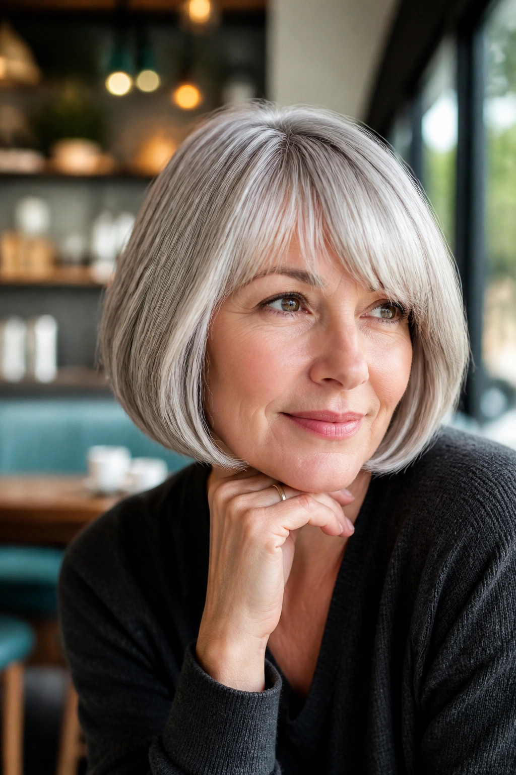 Portrait of a real woman with a modern pageboy at jaw length and soft fringe