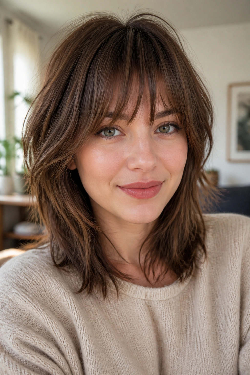 Portrait of a person with modern shag and feathered bangs