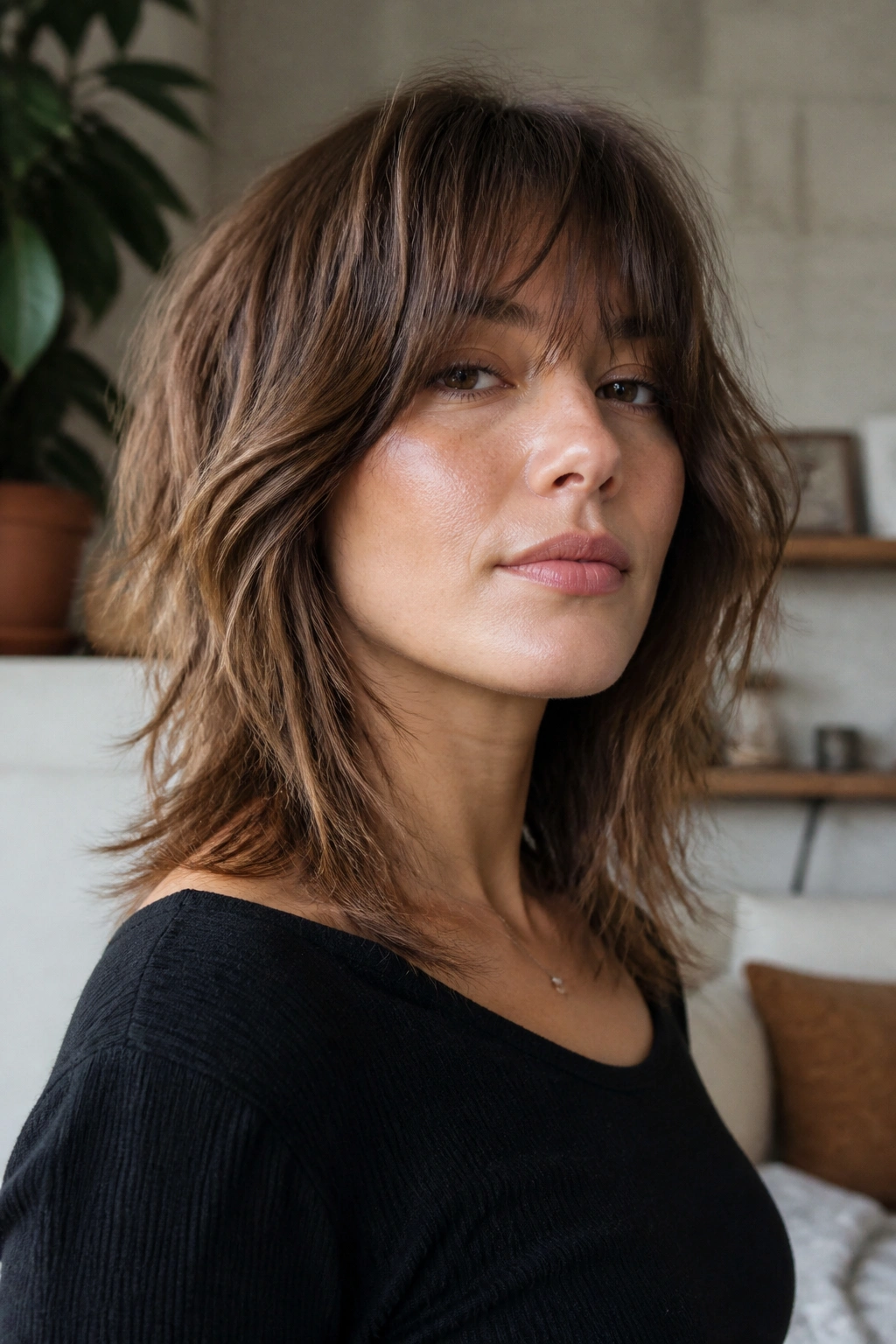 Portrait of a woman with modern shag featuring choppy airy ends.
