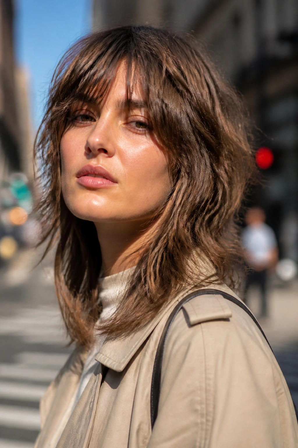 Close-up of a real woman with modern shag haircut and shattered layers