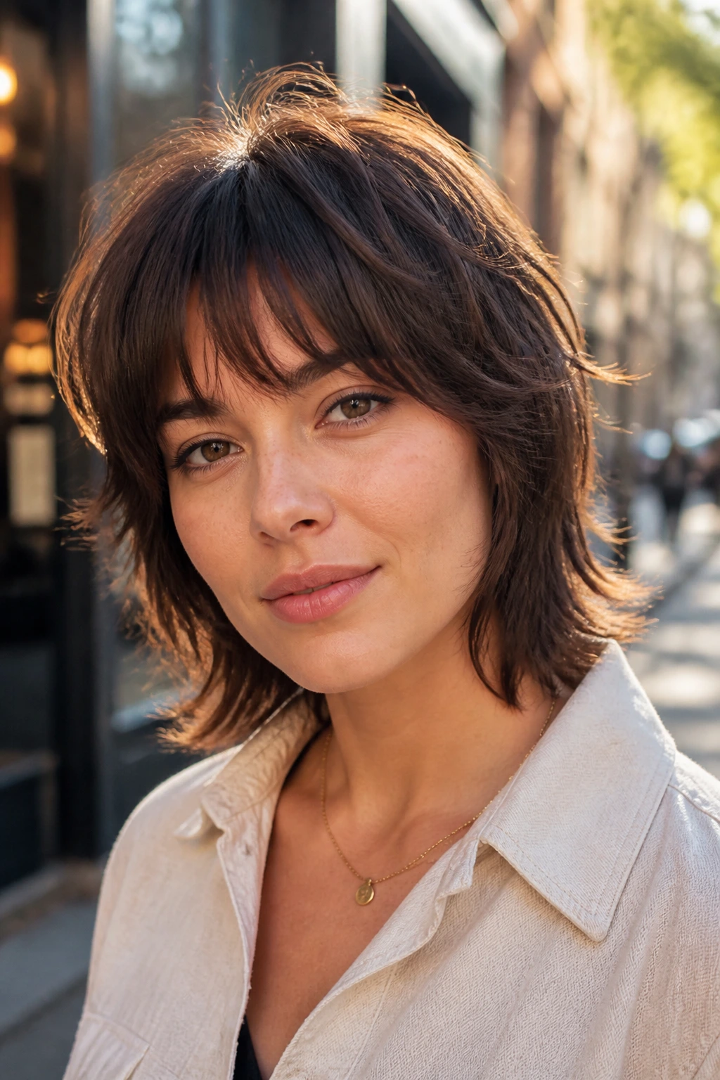 Close-up of a person with a modern shag hairstyle in daylight