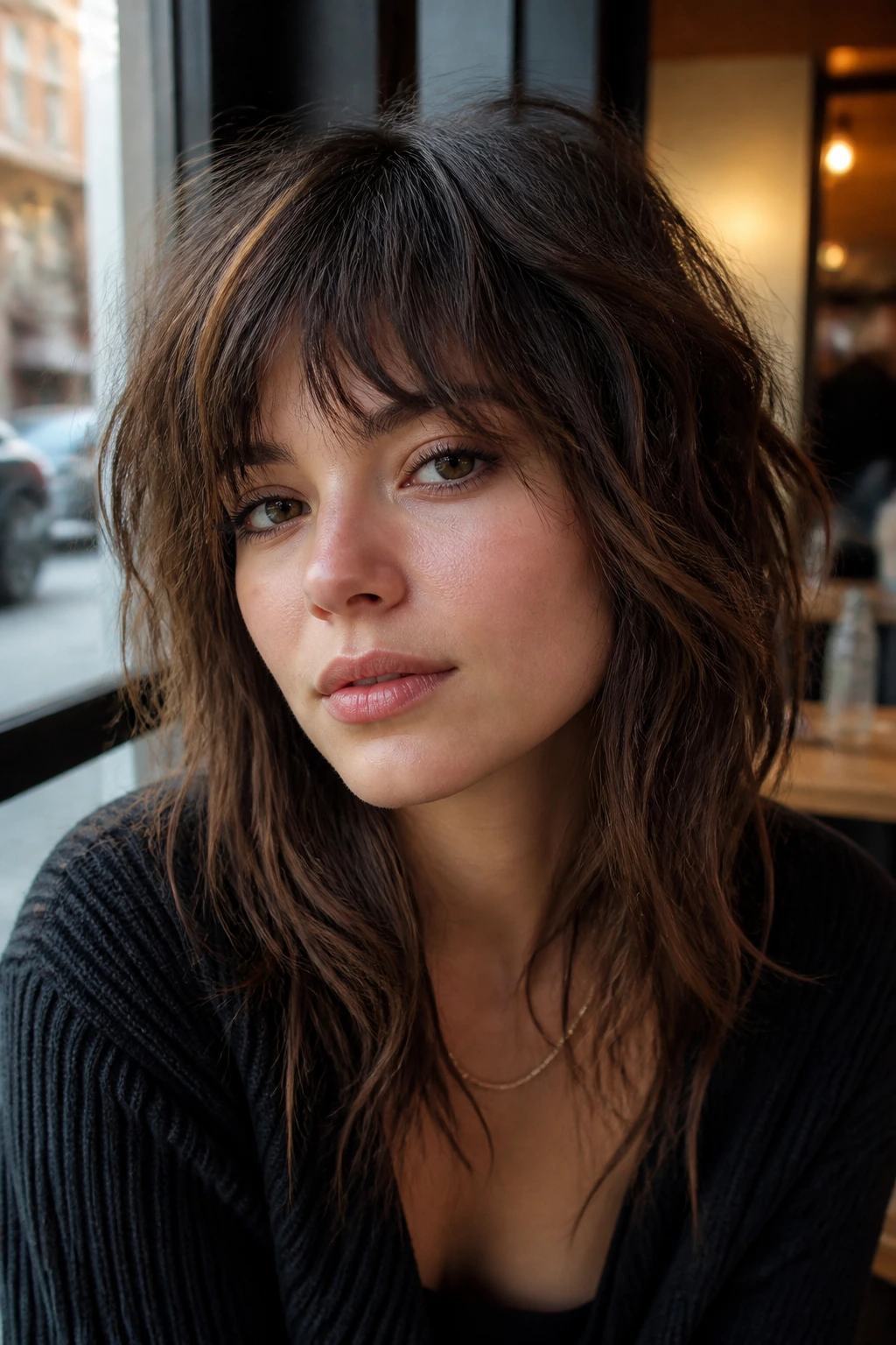 Close-up of a real woman with modern shag layers featuring cripsy texture and soft waves.