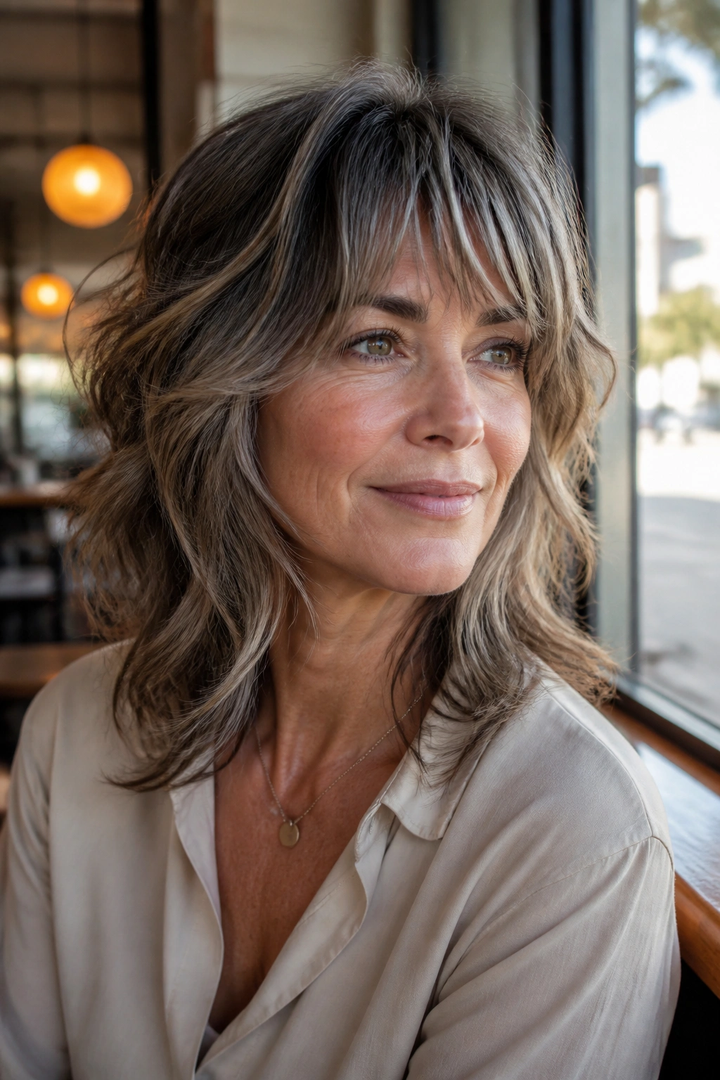 Close-up portrait of woman with modern shag and piecey layers in cafe window light