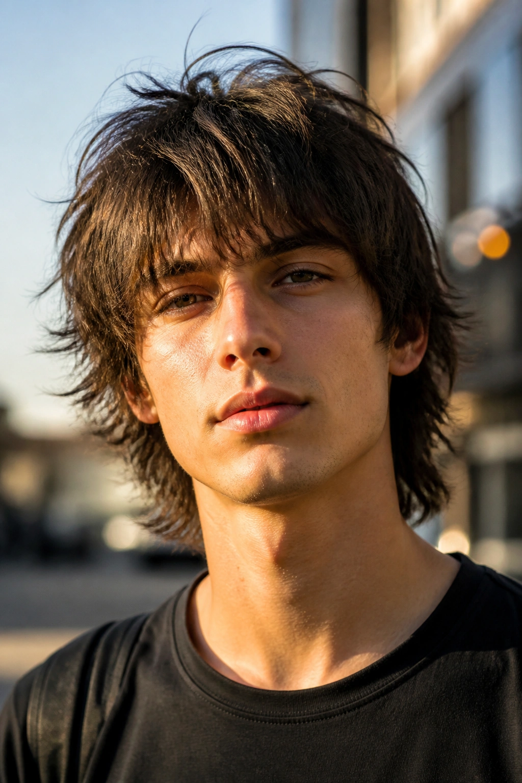 Portrait of a man with modern shag hairstyle in sunlit urban setting