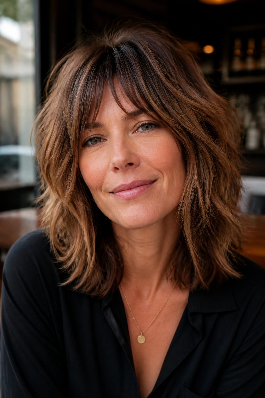 Real woman with a textured modern shag hairstyle in natural light