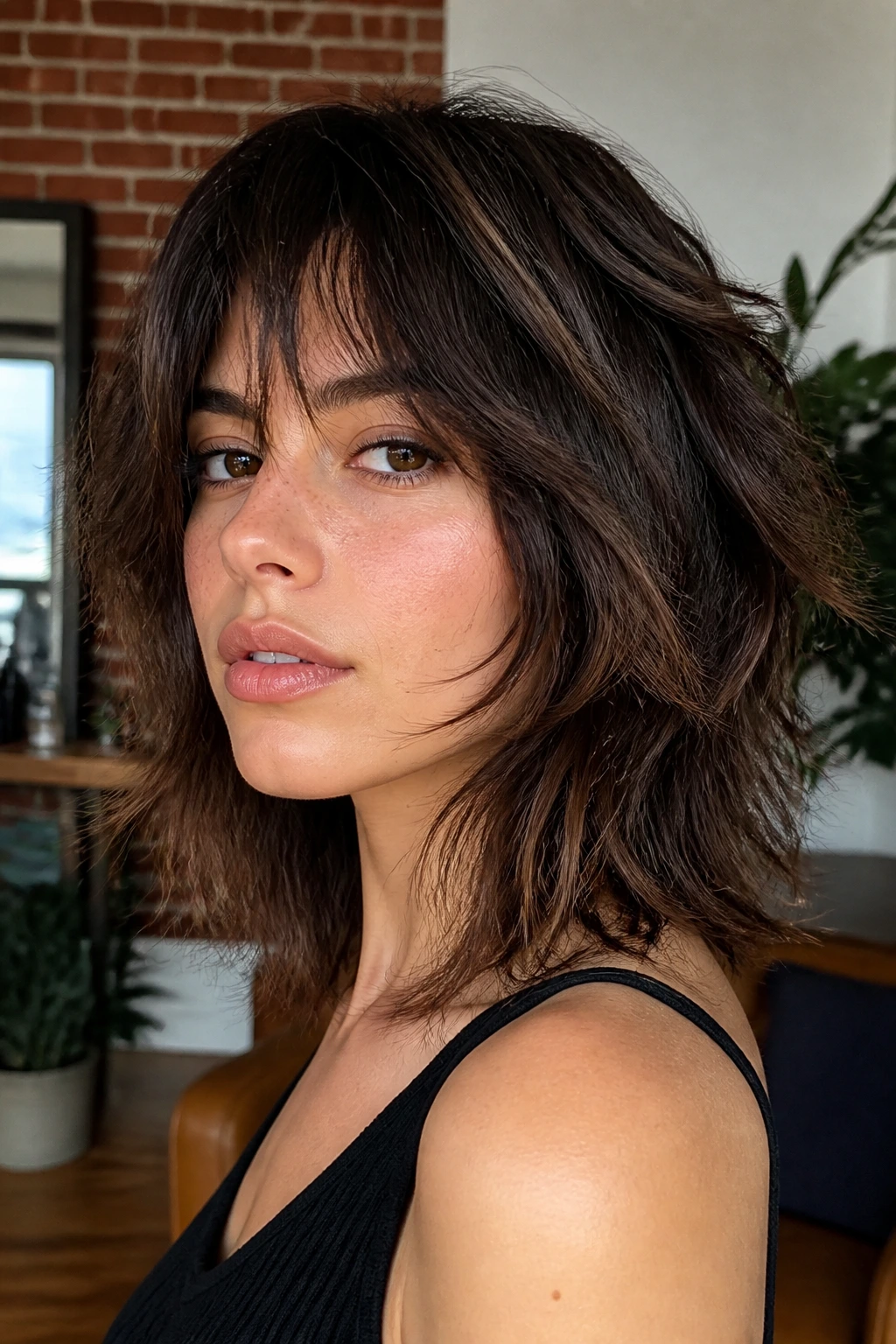 Close-up of a real woman with modern shag hairstyle in a stylish apartment