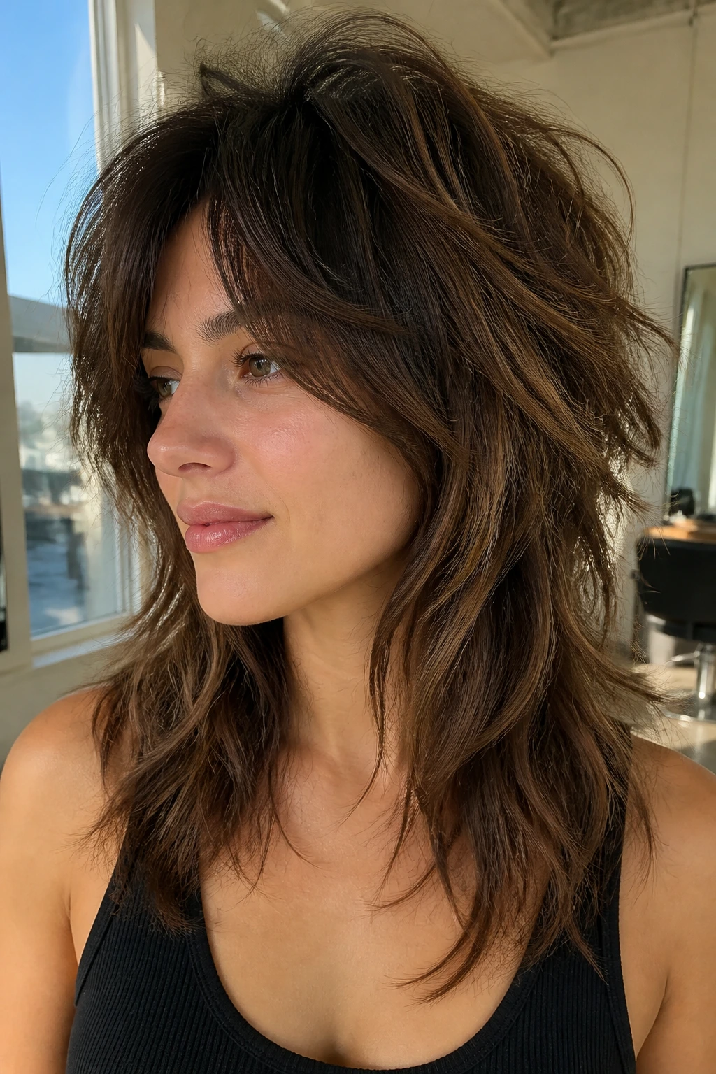 Portrait of a real woman with a modern shag showing crown lift and face-framing pieces