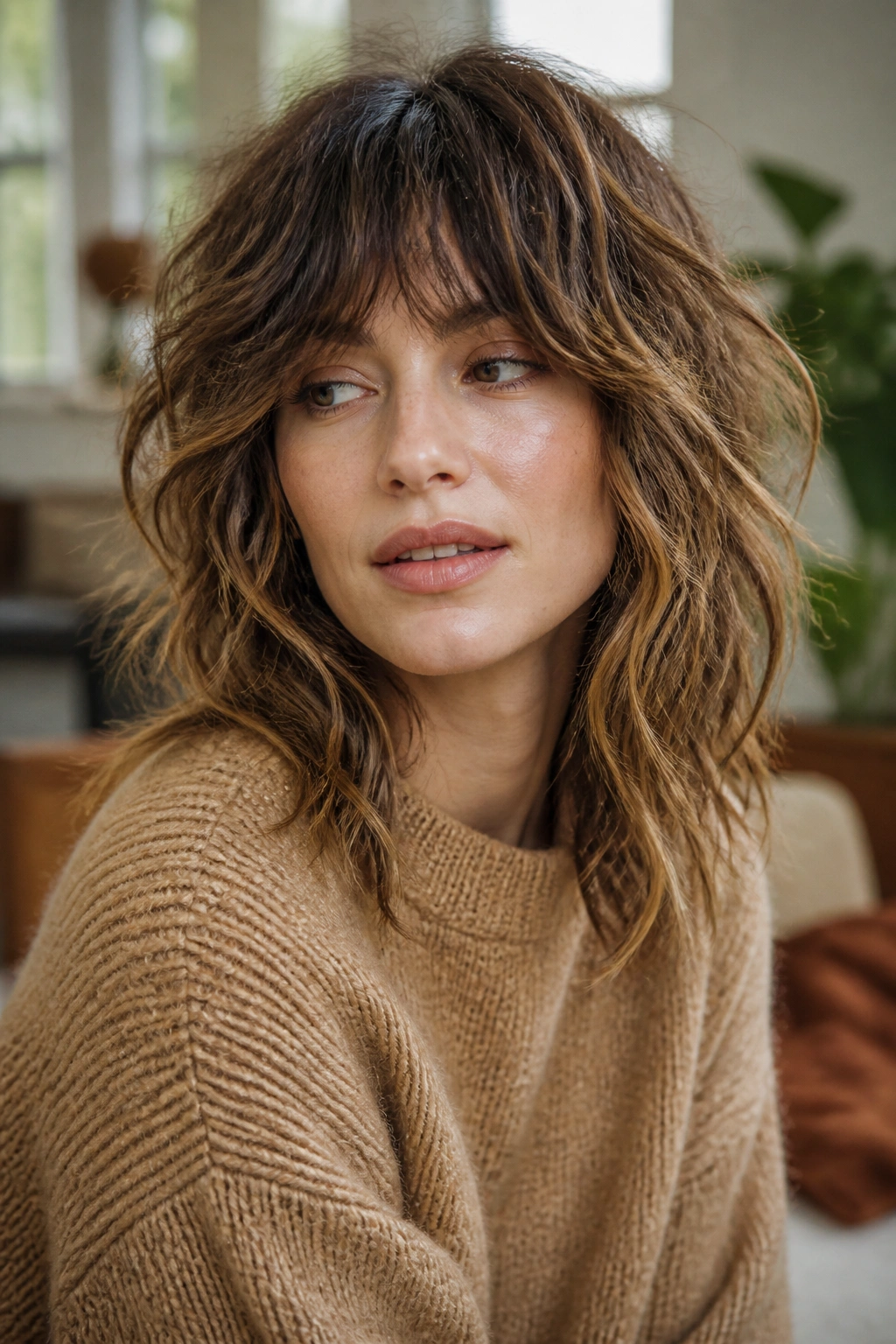 Portrait of a real person with a modern shag hairstyle showing lift and texture