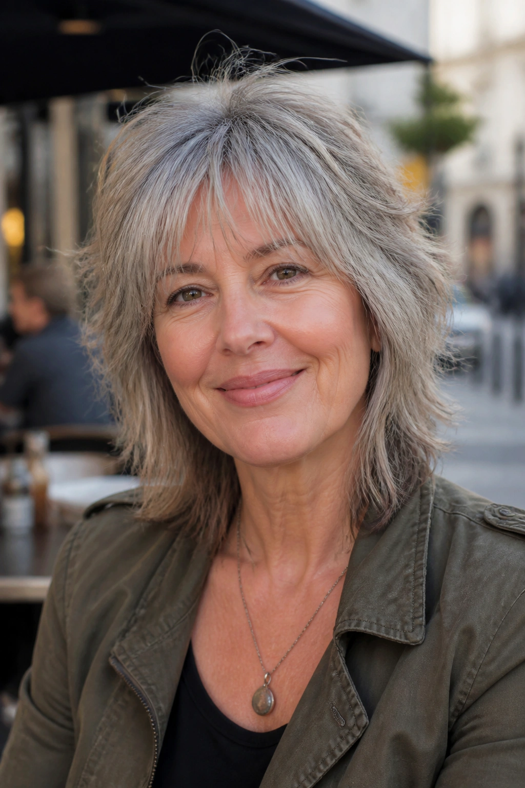 Real woman with a modern shag and wispy fringe.