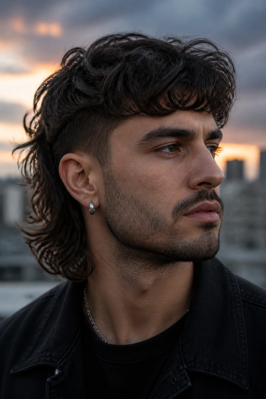 Close-up portrait of a man with a modern wavy mullet on an urban rooftop