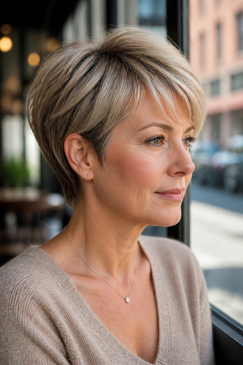 Real woman with modern wedge cut and lift in cafe daylight.
