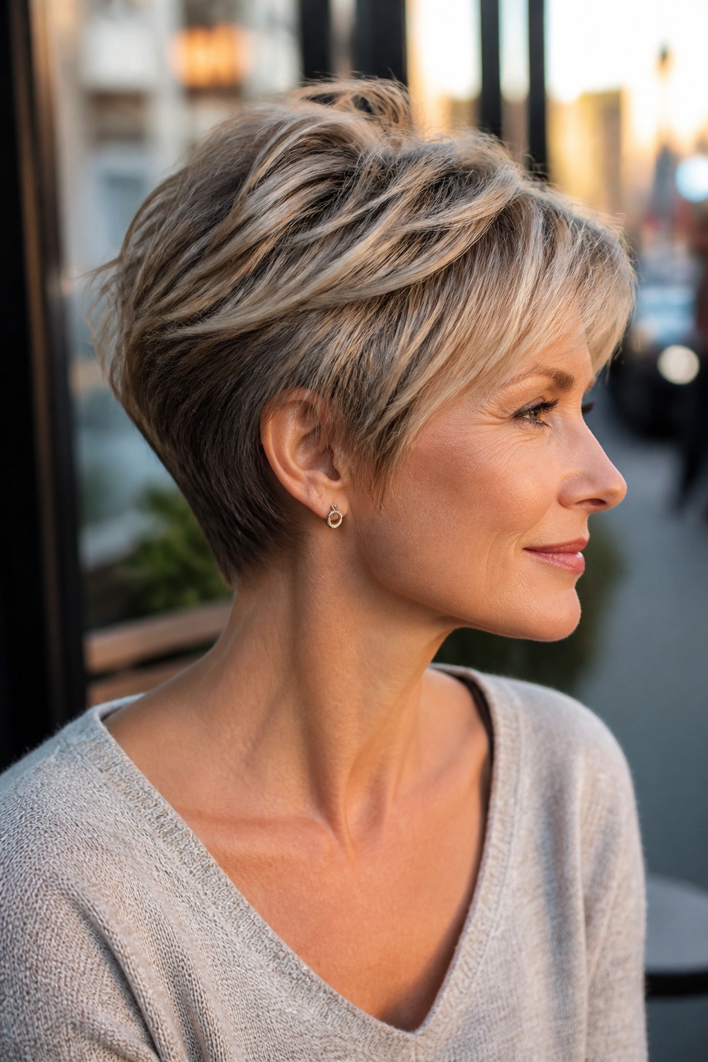 Close-up of a real woman with modern wedge cut and soft texture