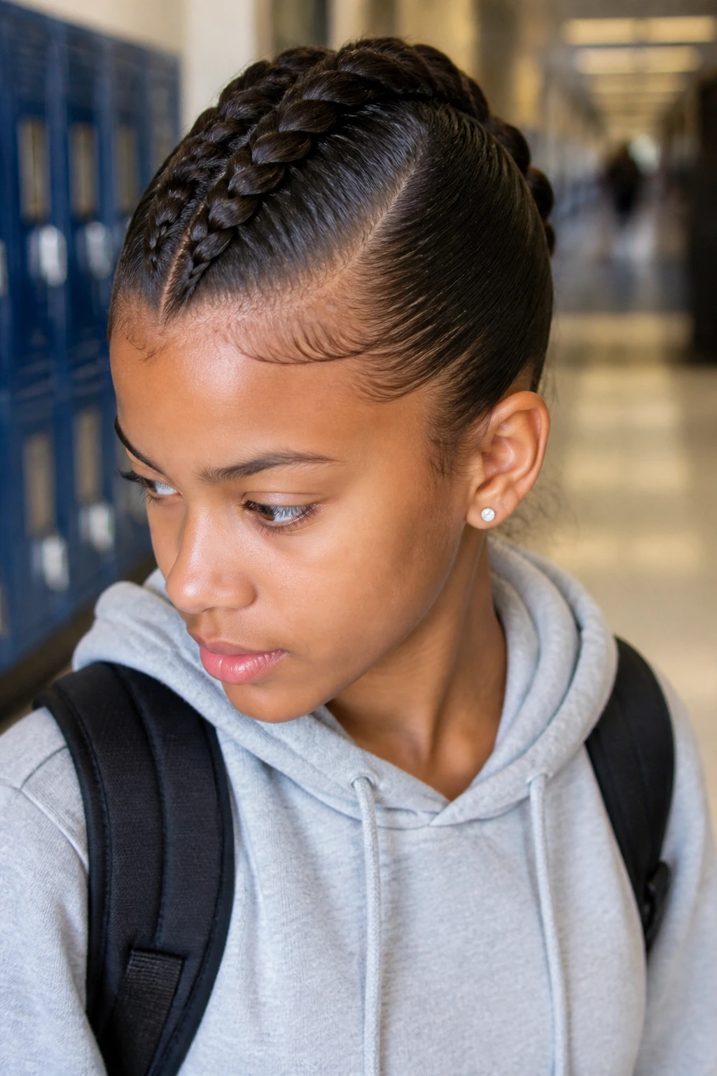 Medium close-up of a real student with center Dutch Mohawk braid