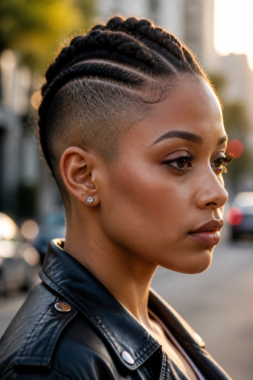 Close-up of center mohawk braid on pixie with shaved/tapered sides.