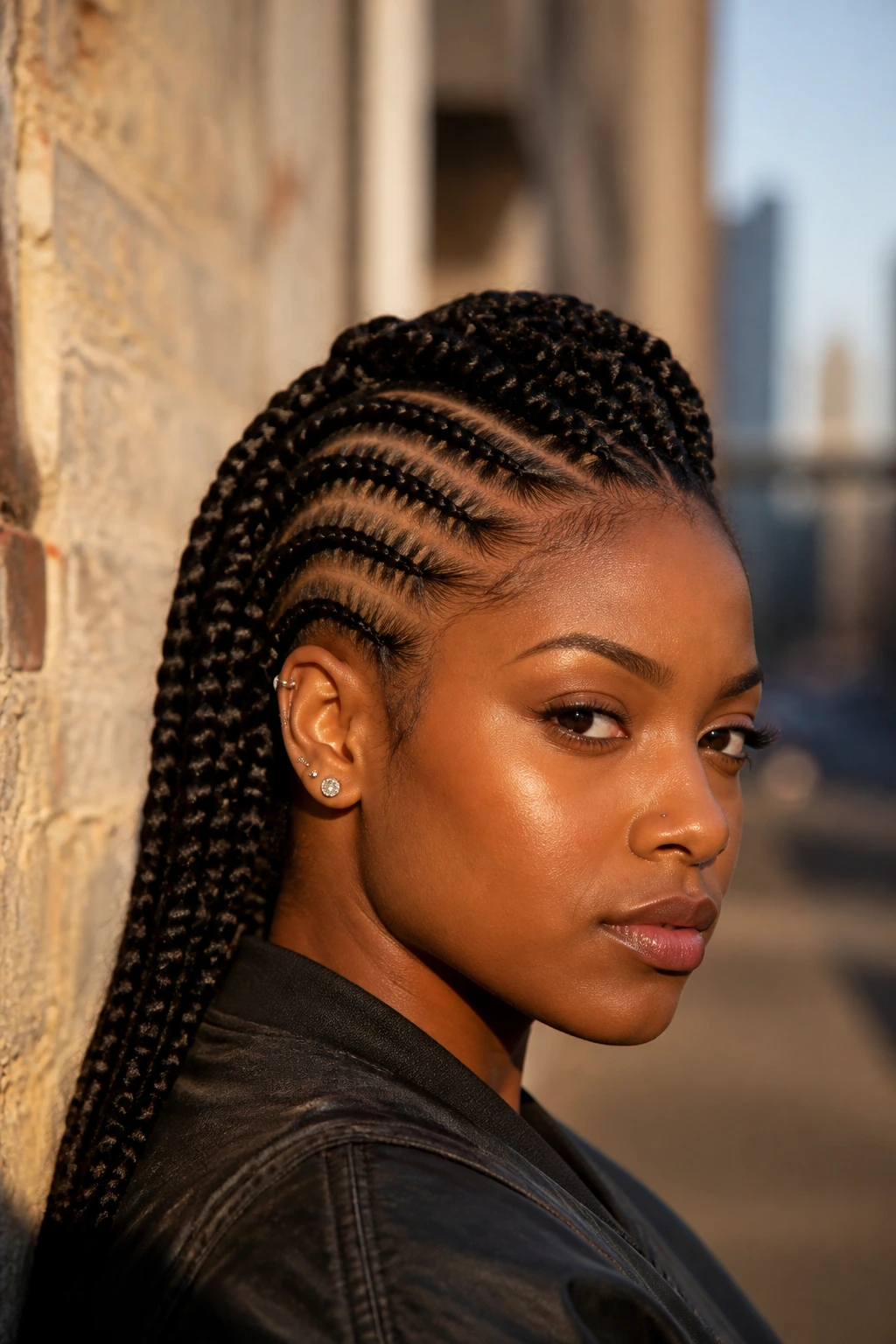 Close-up of Mohawk Braids on a real person with a central mohawk braid and shaved sides.
