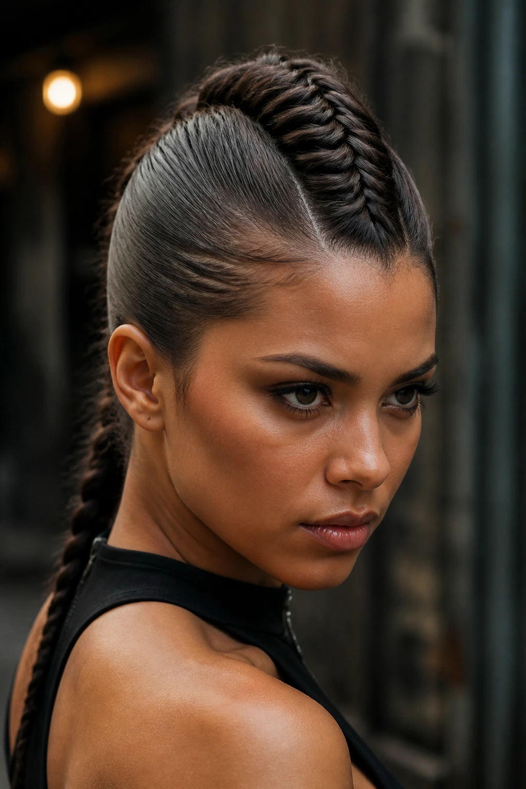 Portrait of a real woman with a braided mohawk fishtail.