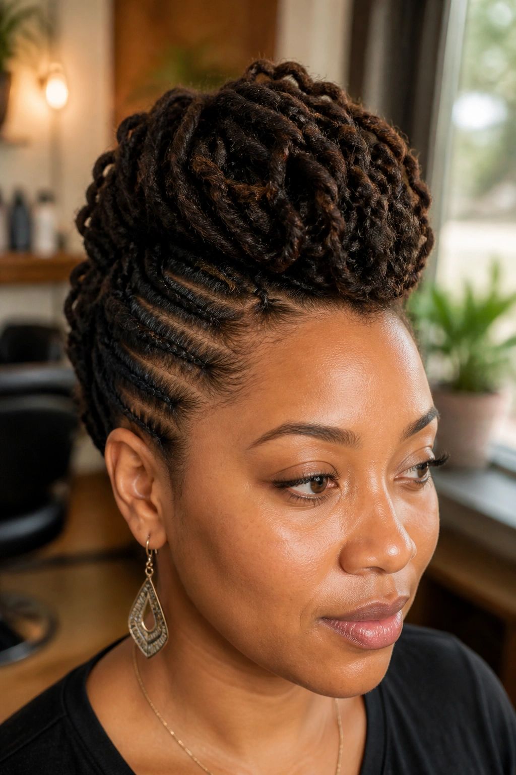 Real person with a Mohawk updo and pinned sides