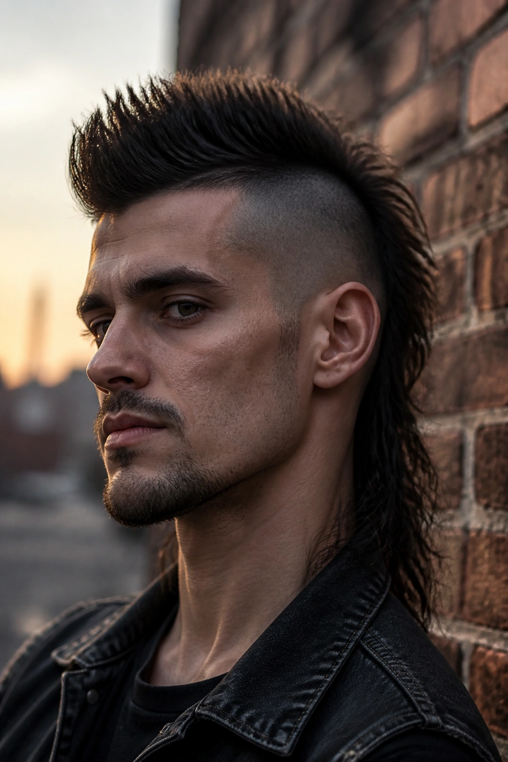 Portrait of a man with a central Mohawk mullet and faded sides