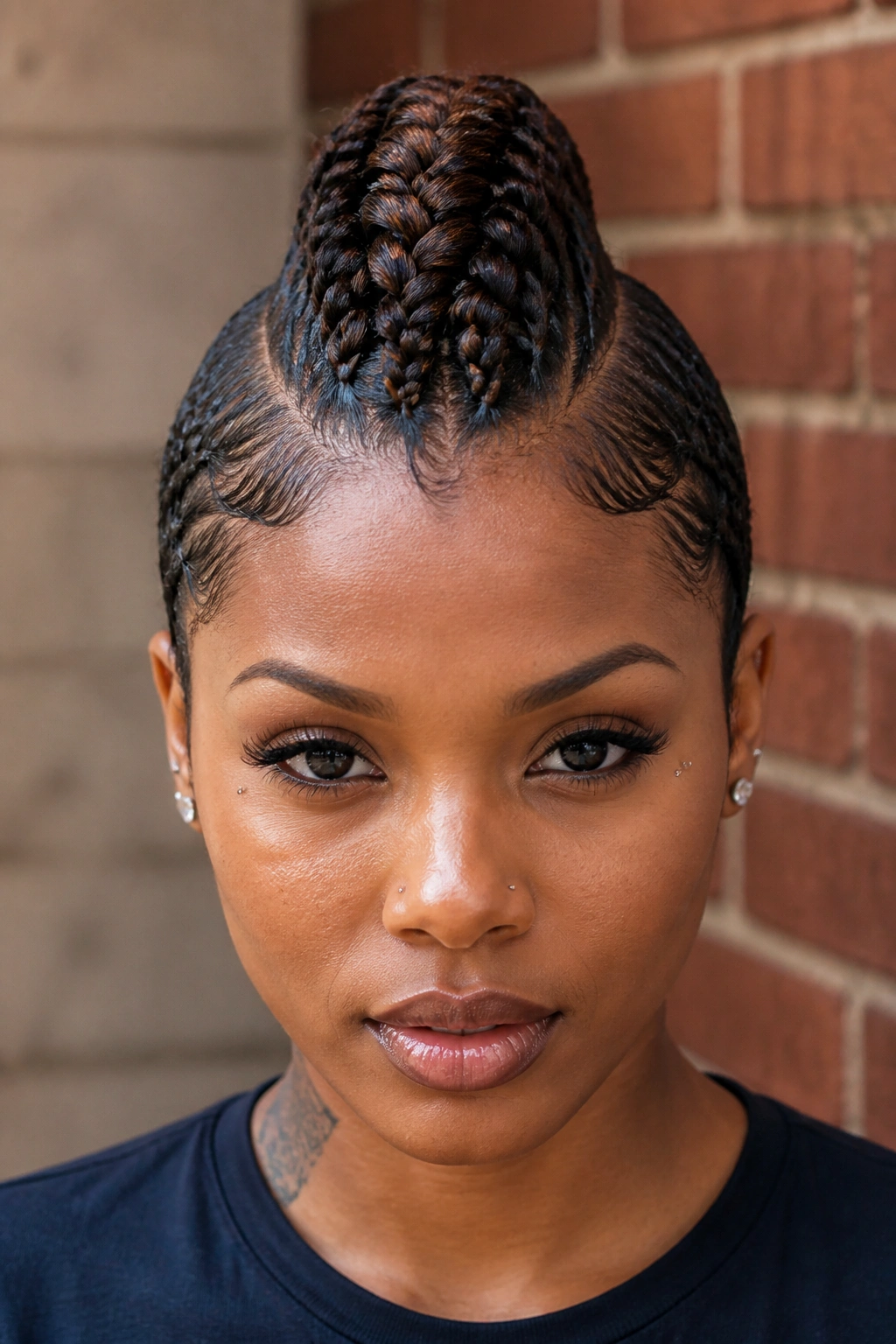 Close-up of a real Black woman with Mohawk pixie braids