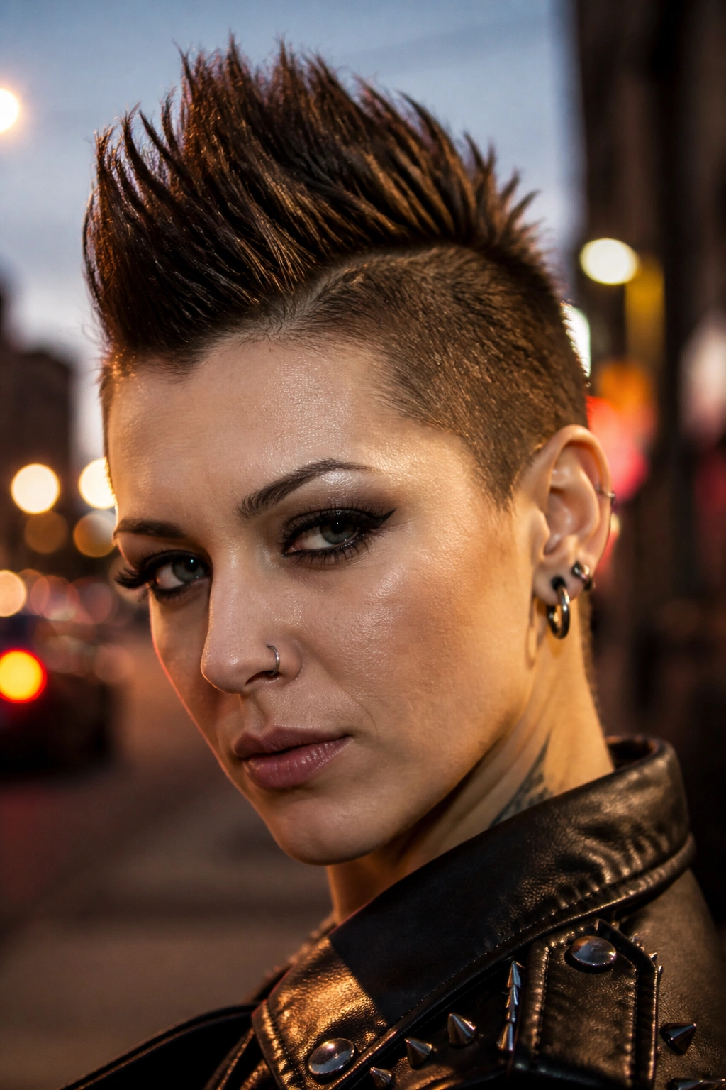 Close-up of a person with a mohawk-inspired pixie in urban evening light