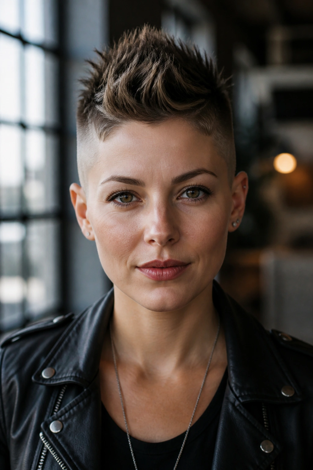 Front portrait of a real person with a mohawk-inspired pixie and faded sides