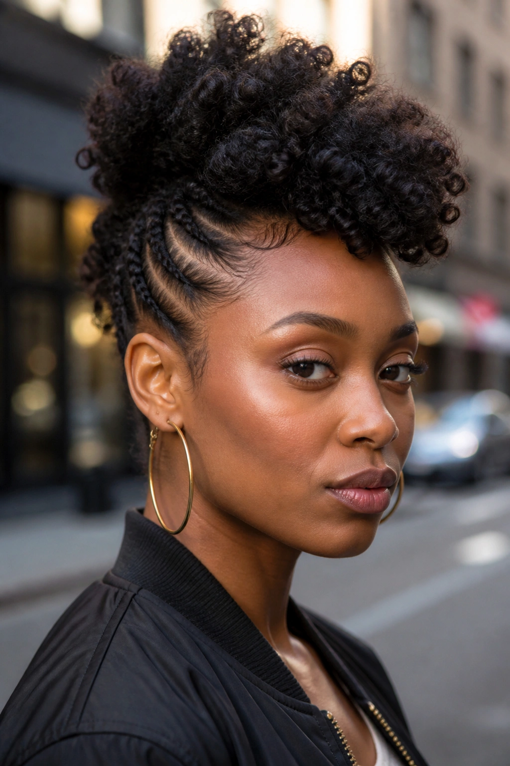 Close-up of The Mohawk Puff on a real person with center puff and side braids