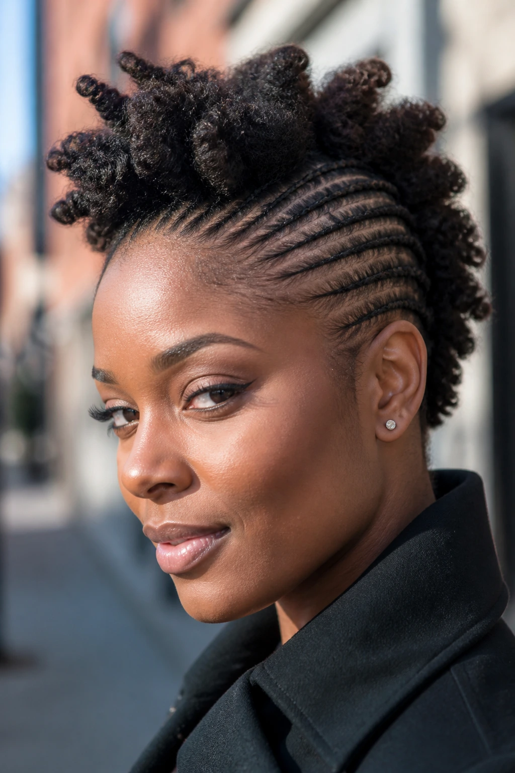 Close-up of a real person with a mohawk created by side twists.