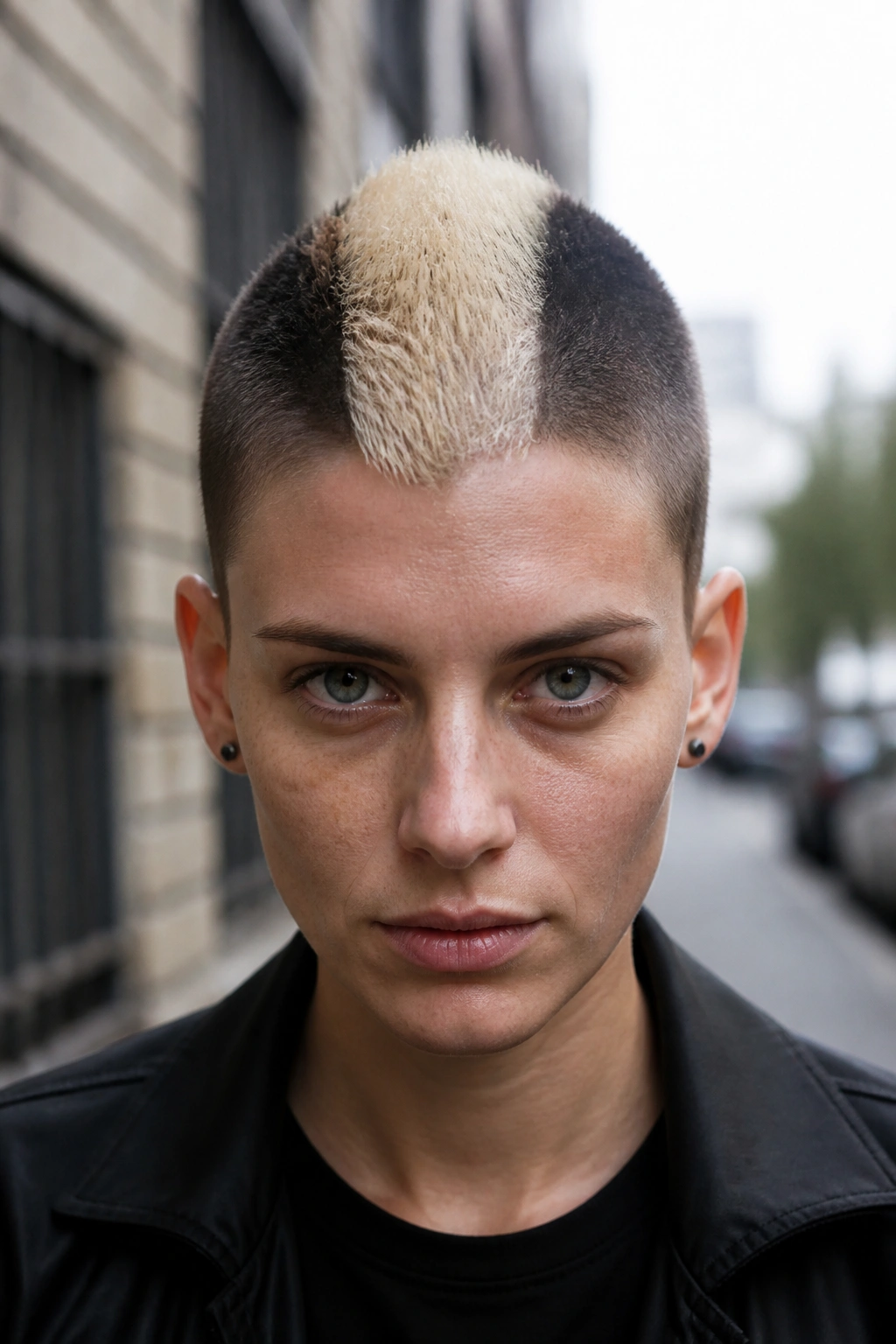 Portrait of a person with a bold central Mohawk bleach strip on short hair.