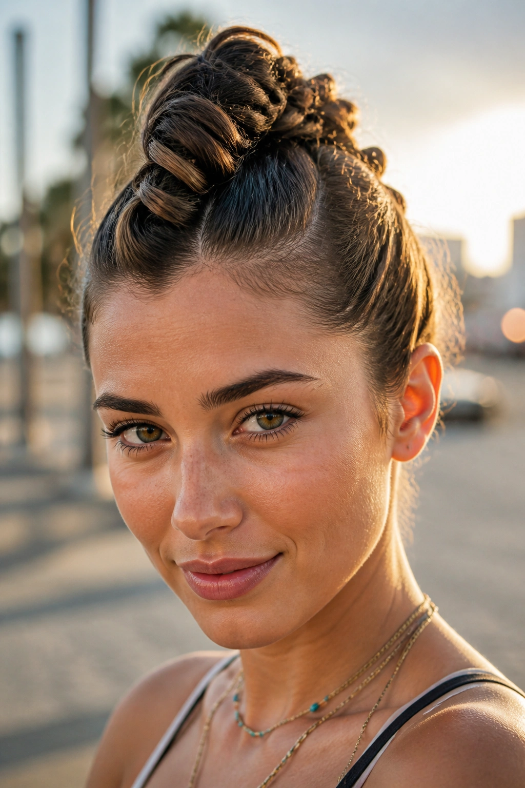 Close-up of a real woman with a Mohawk Twist Bun for height on a windy beach or boardwalk