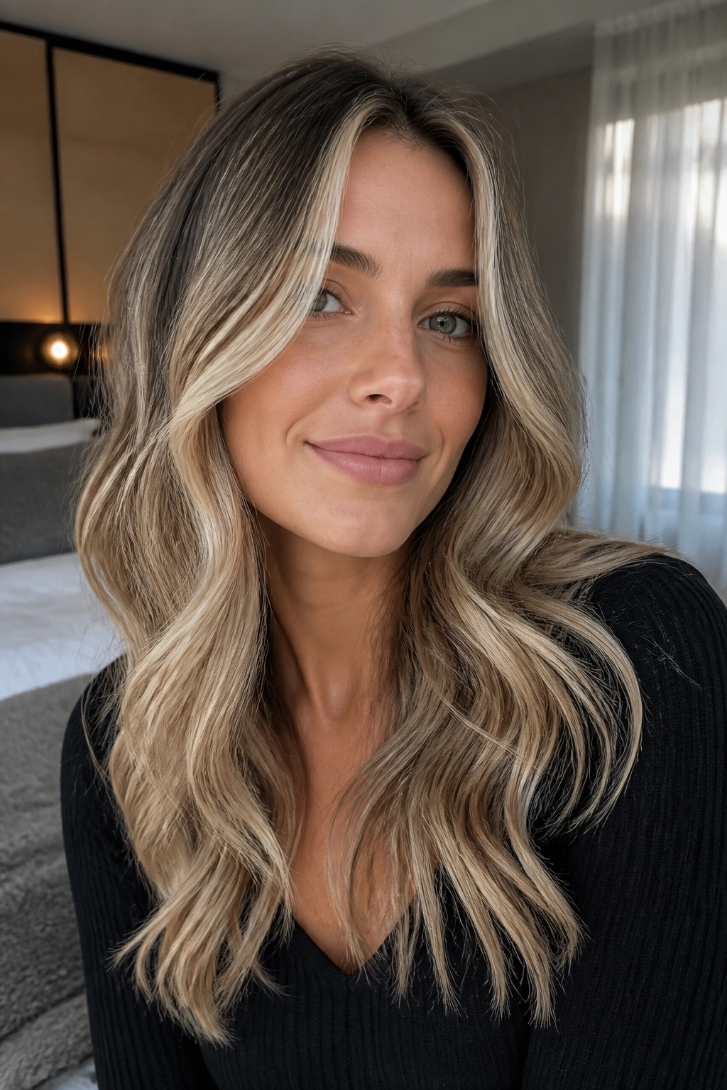 Close-up of a real woman with a money piece and loose ash waves