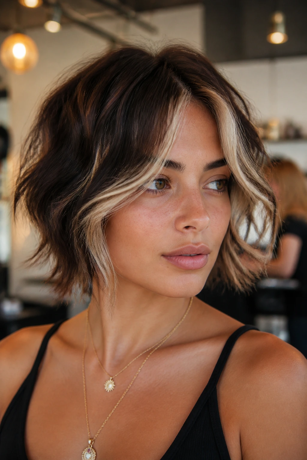 Portrait of money piece balayage on a short shag