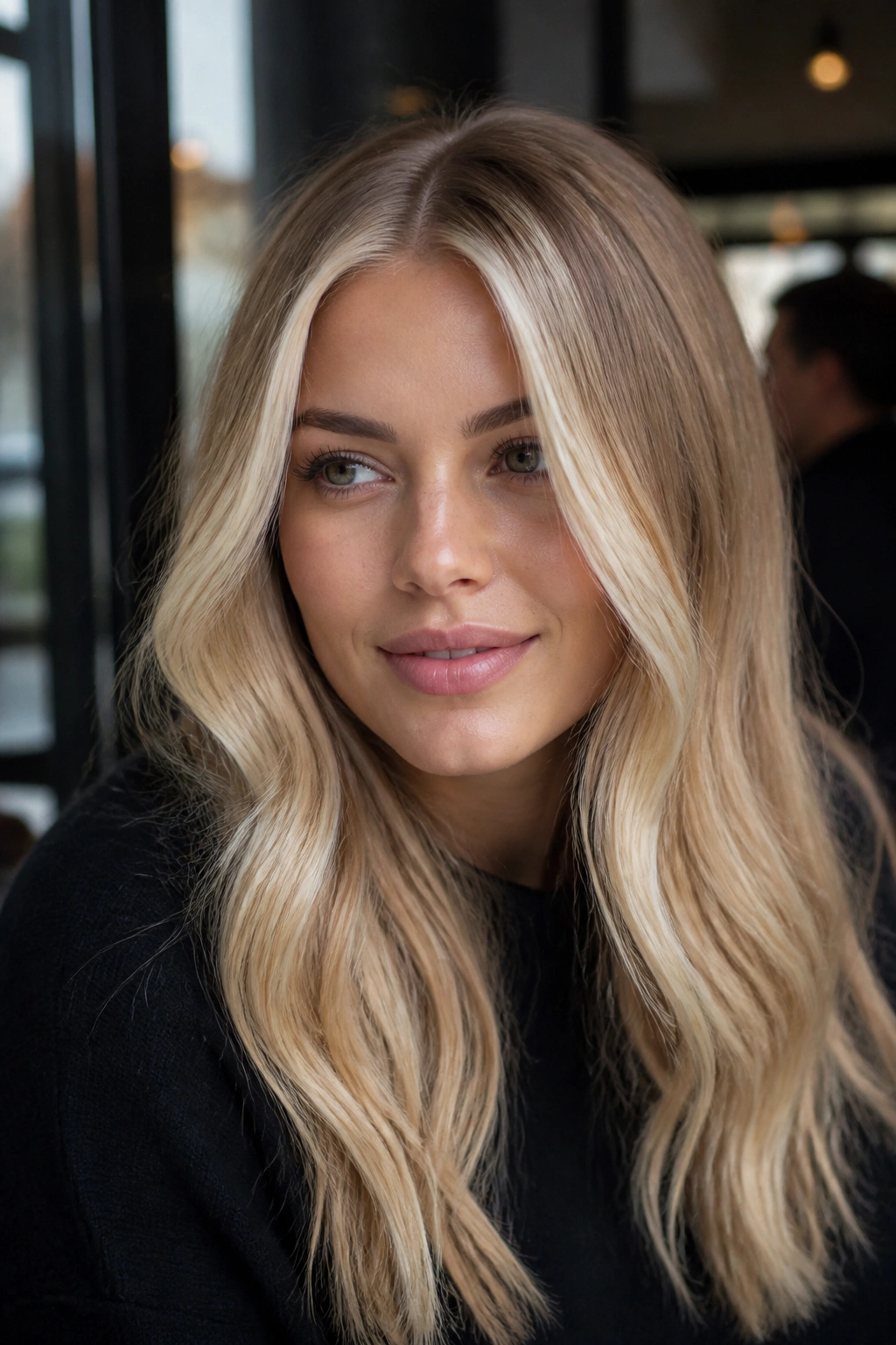 Close-up portrait of a real woman with money piece blonde framing the face in winter daylight