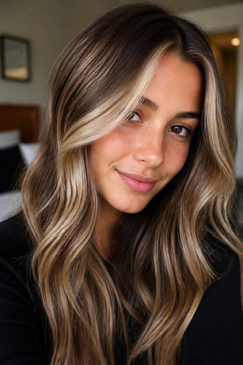 Close-up portrait of a real person with front money-piece blonde strands
