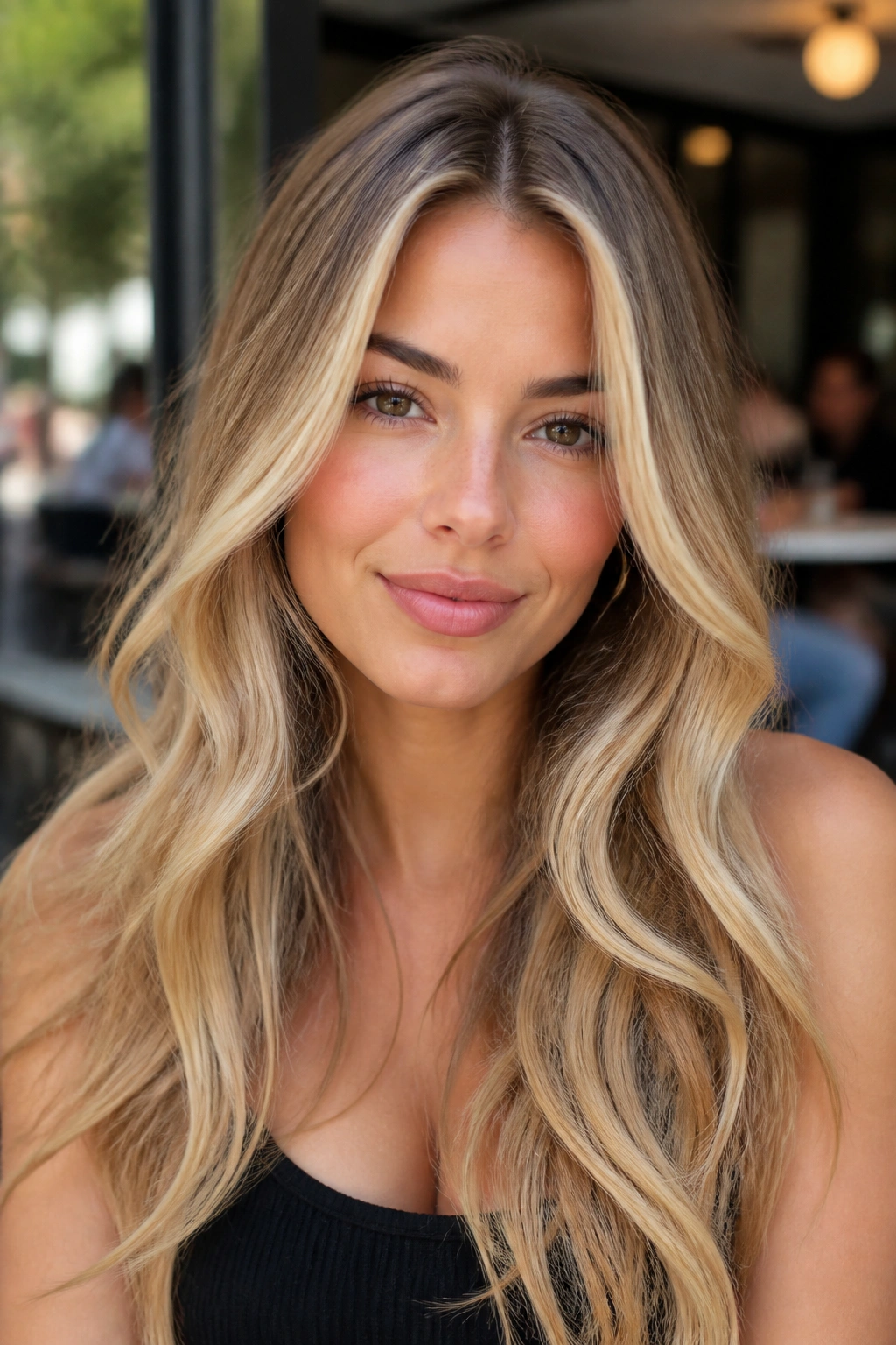 Close-up portrait of a real woman with money piece blonde front pieces