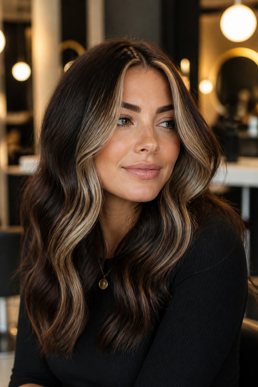 Close-up portrait of brunette with espresso-to-latte money piece front