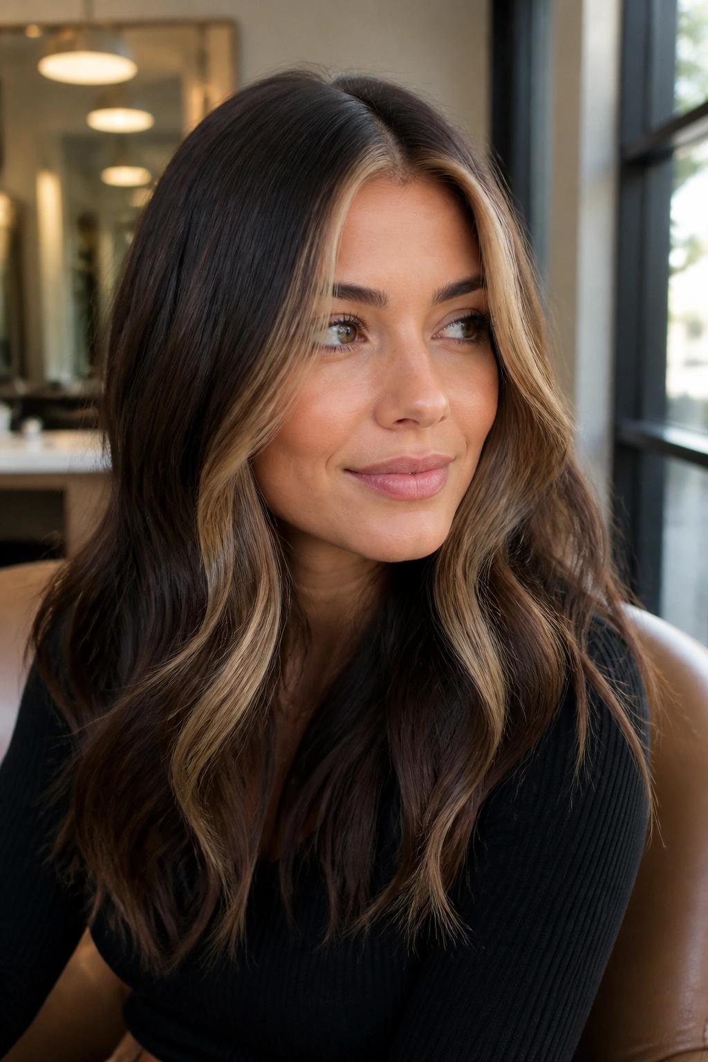 Face-framing money piece on brunette hair brightens the face