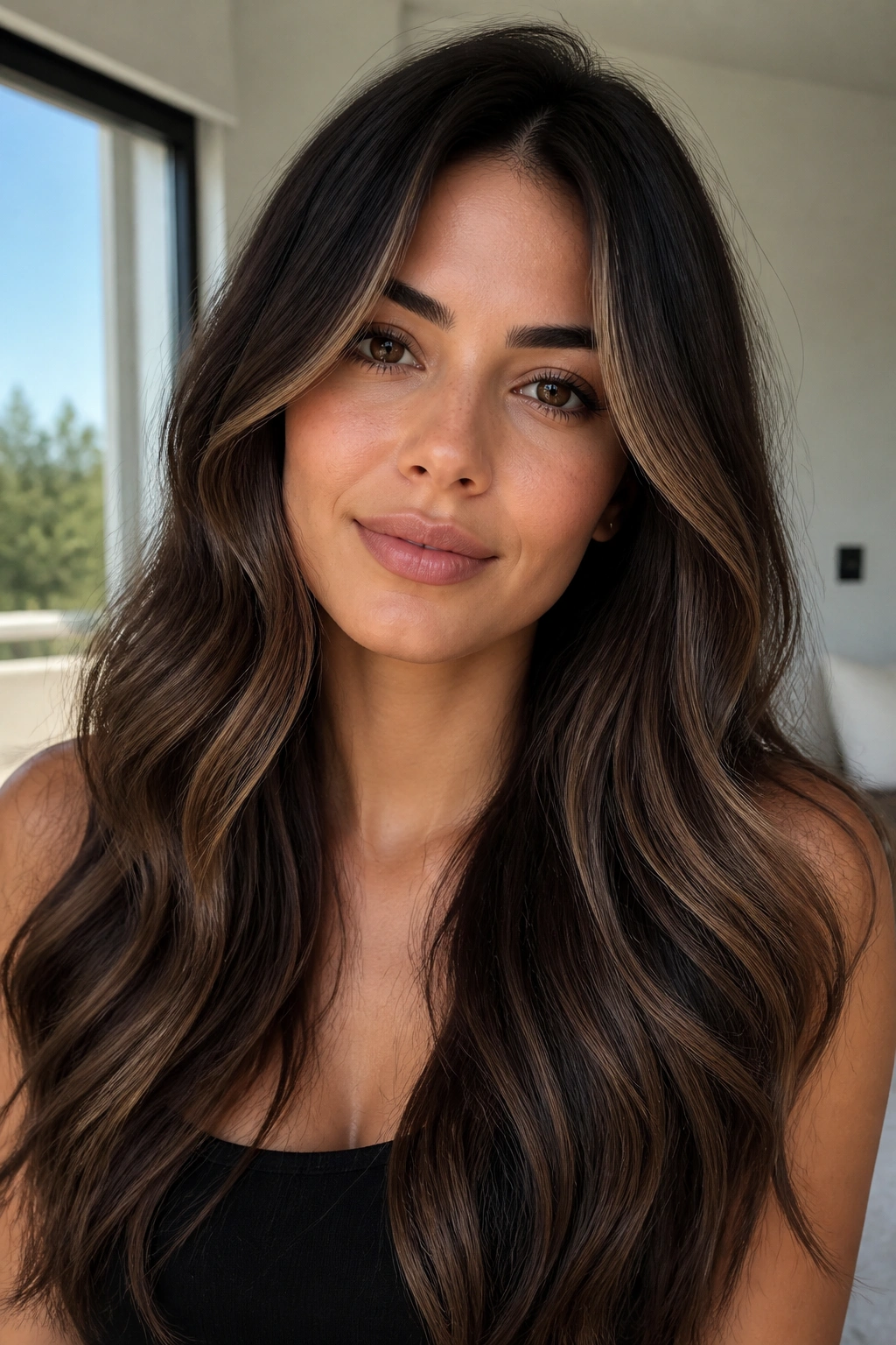 Close-up of a real woman with soft face-framing lighter pieces in long brunette hair